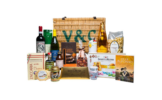 A V&C monogrammed wicker hamper packed with wine, panettone, chocolate and Mary Contini&rsquo;s Dear Alfonso