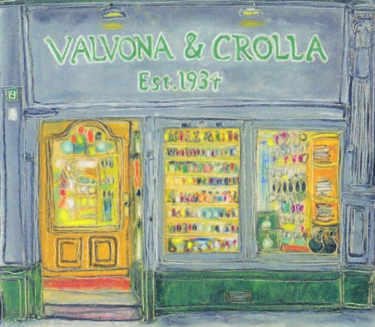Painted artwork of the 19 Elm Row shopfront with Valvona & Crolla Est. 1934 lettering
