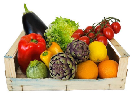 The V&C fruit and vegetable box — aubergine, artichokes, peppers, vine tomatoes and citrus